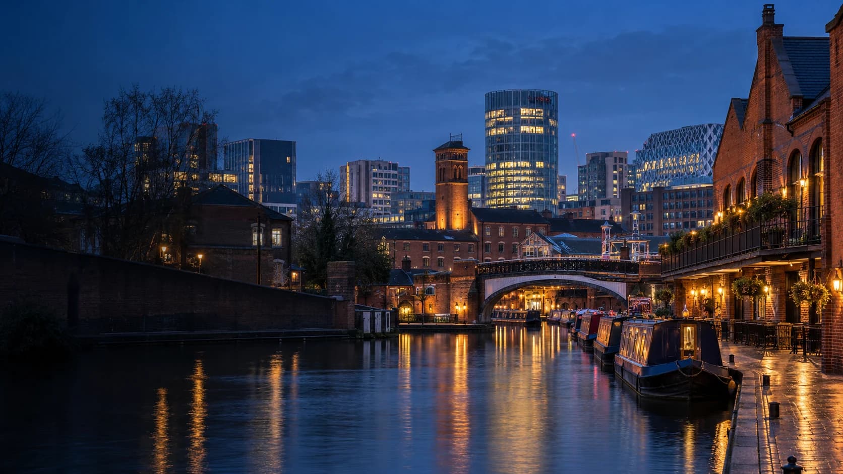 Birmingham canal district and city architecture at blue hour