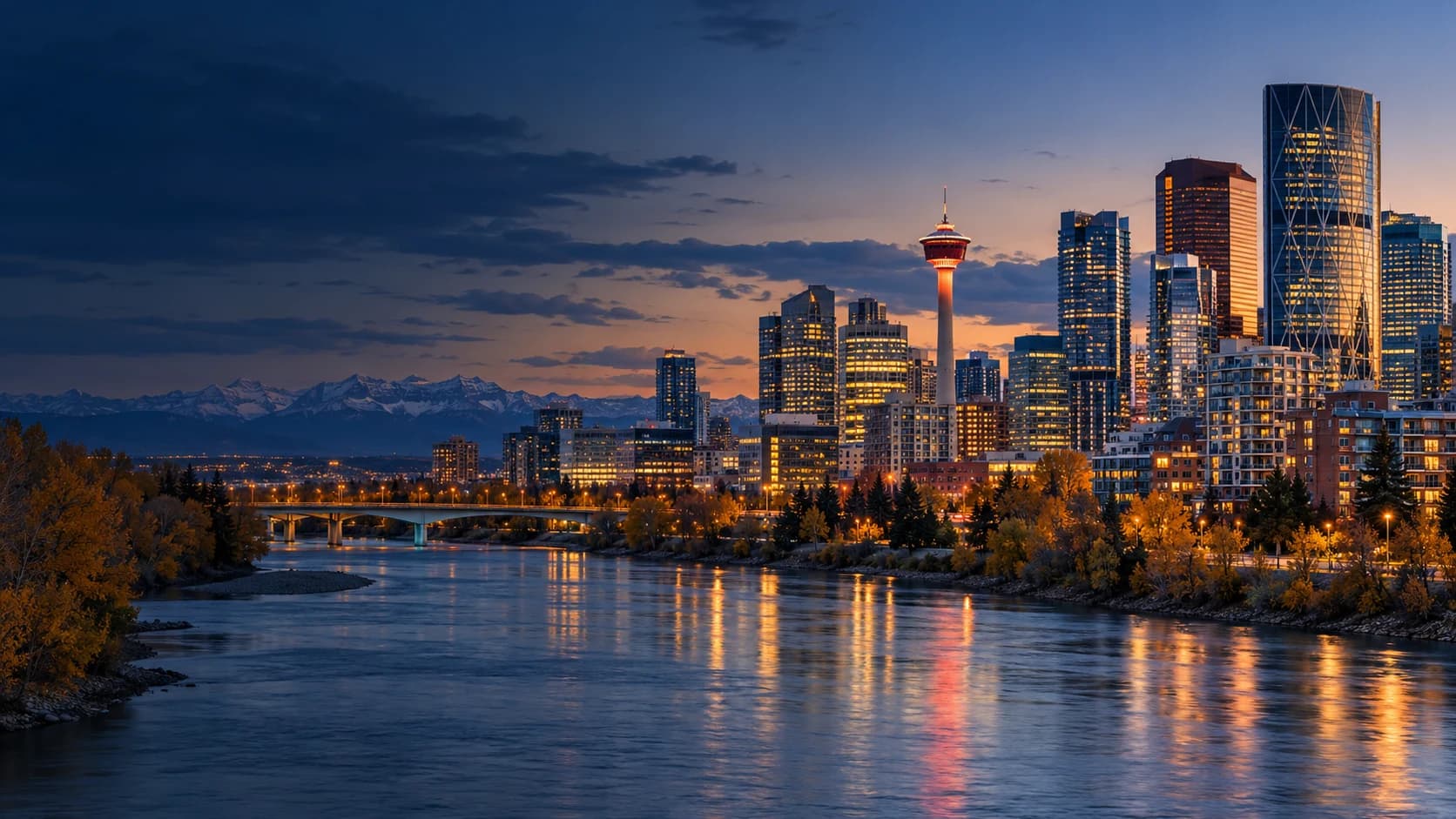 Calgary skyline, Calgary Tower and the Bow River at blue hour