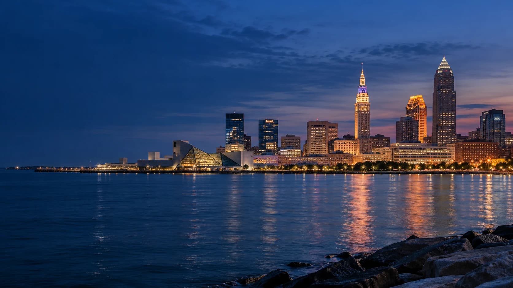 Cleveland skyline on Lake Erie at blue hour