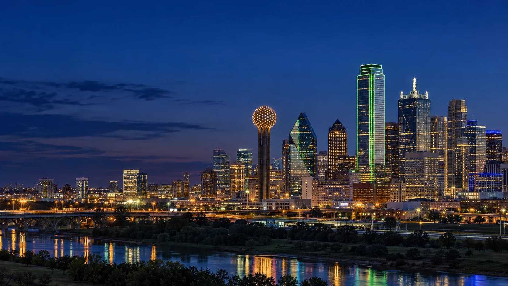 Downtown Dallas and Reunion Tower at blue hour