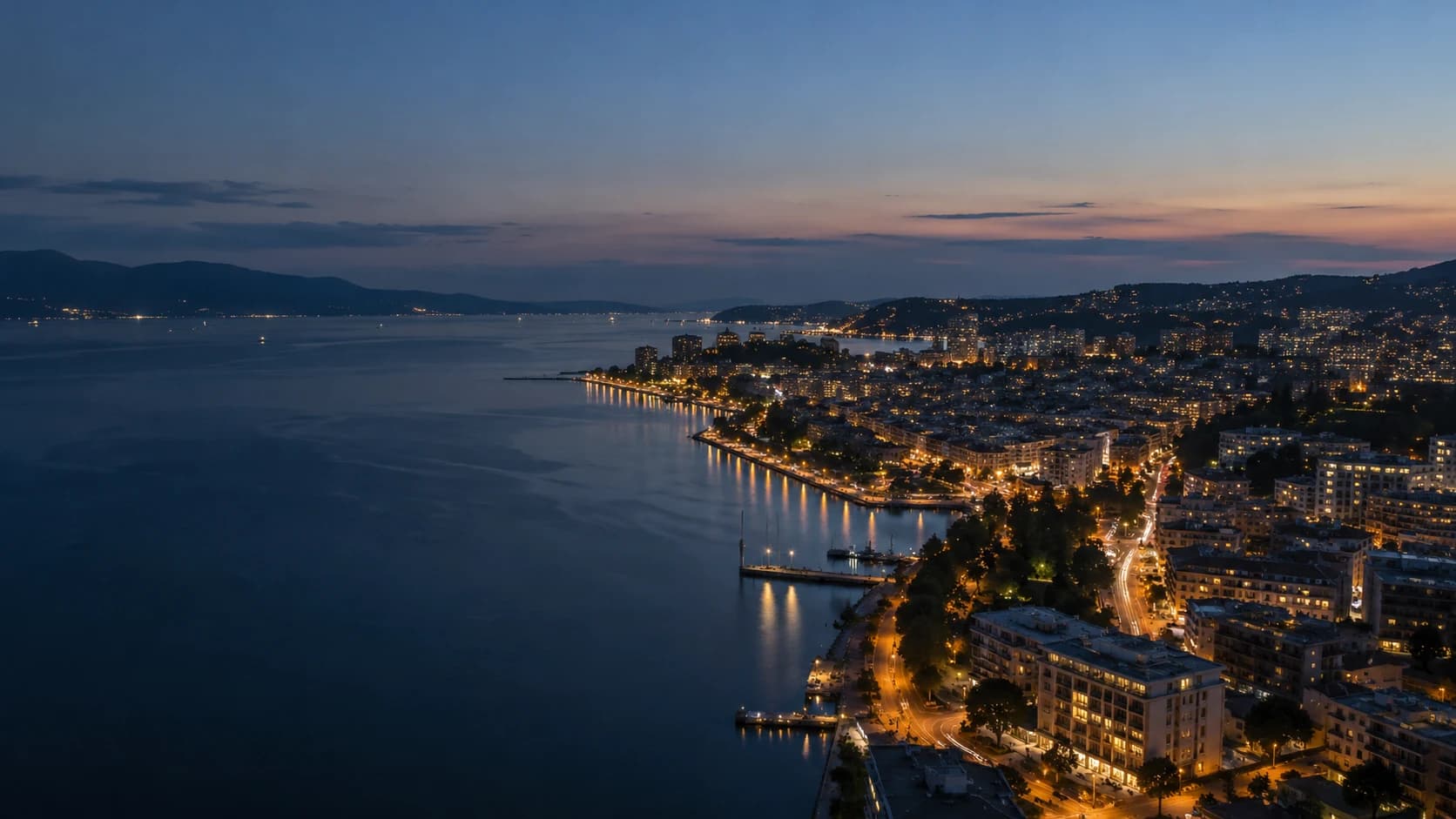 An international city destination at blue hour