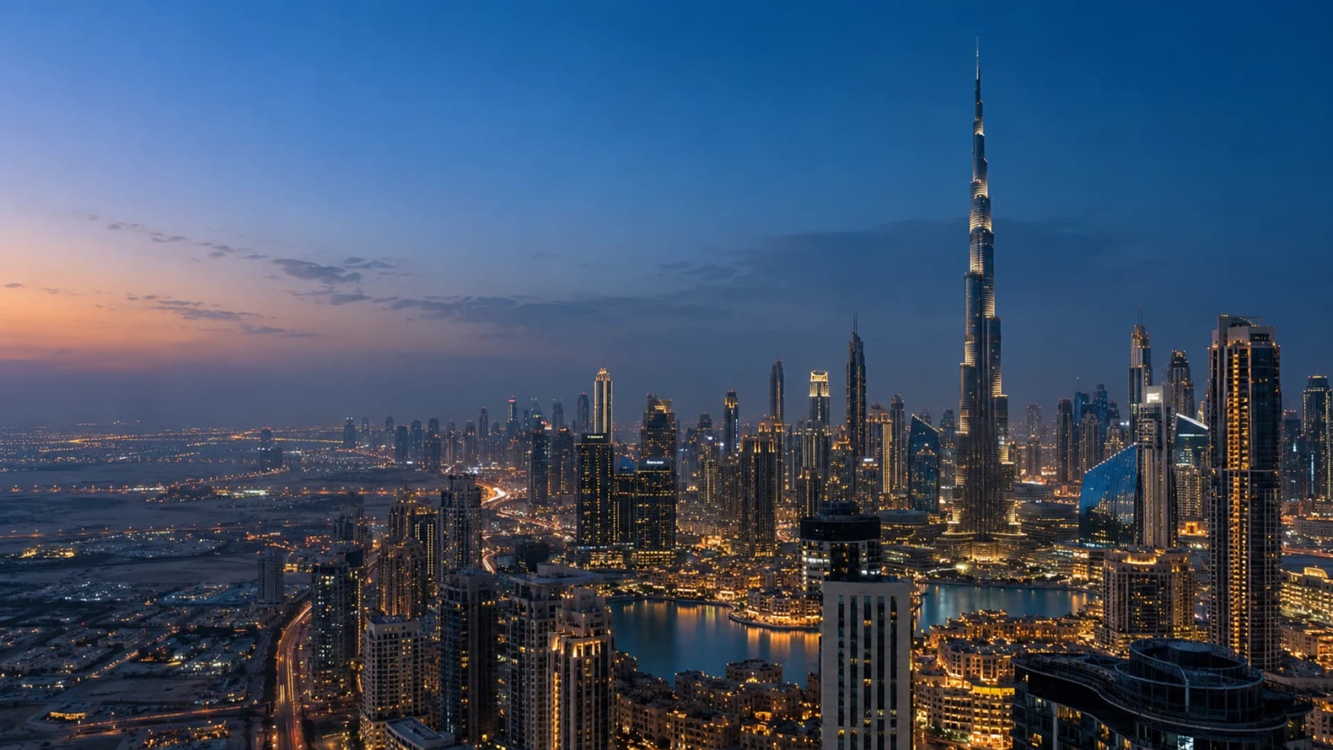 Dubai skyline and Burj Khalifa at blue hour
