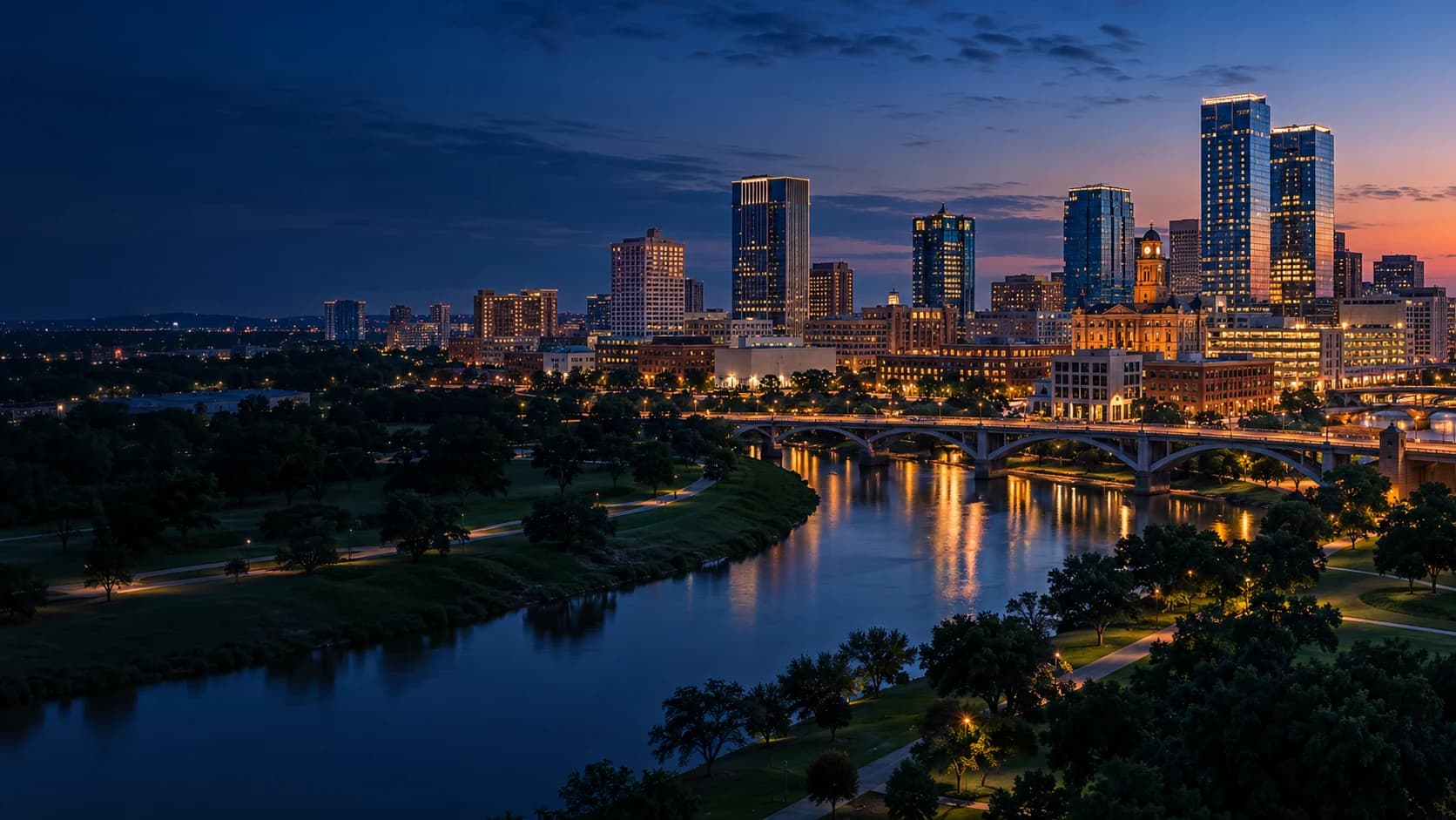 Fort Worth skyline and the Trinity River at blue hour
