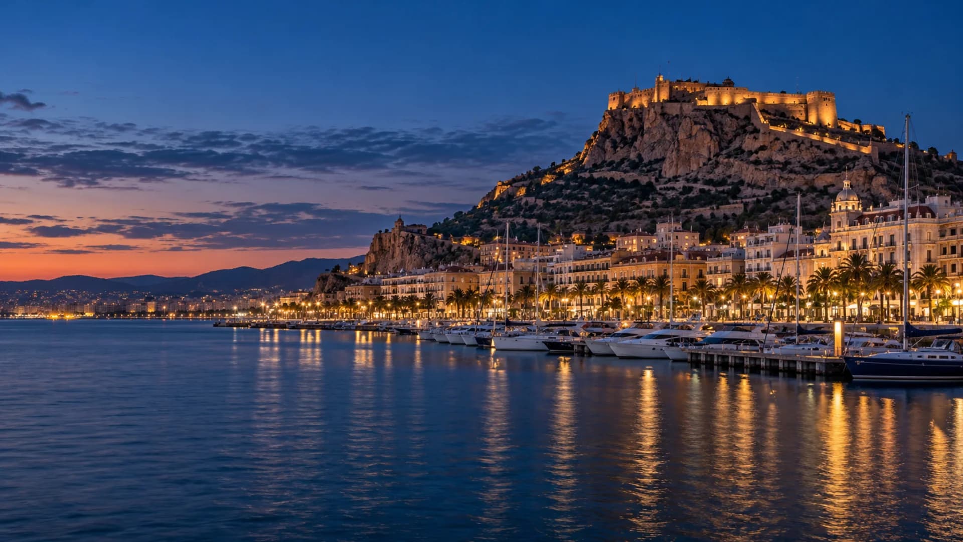 Alicante marina and Santa Bárbara Castle at blue hour