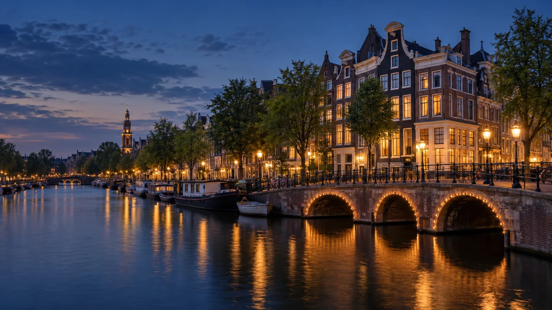 Amsterdam canals and historic canal houses at blue hour