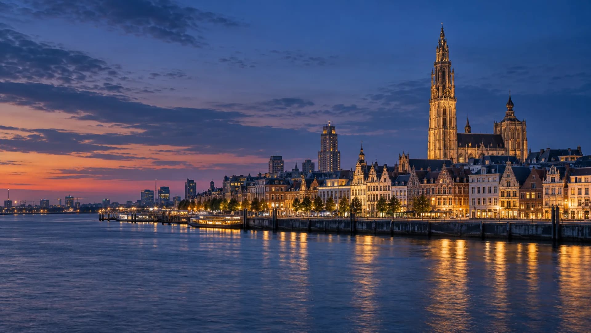 Antwerp historic waterfront and cathedral at blue hour