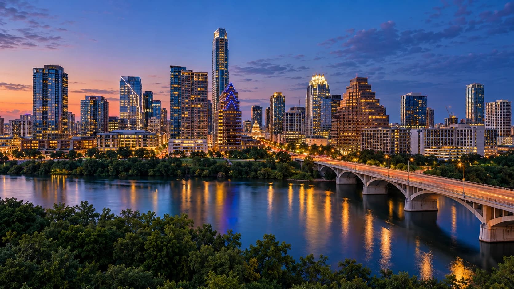Downtown Austin and the Colorado River at blue hour
