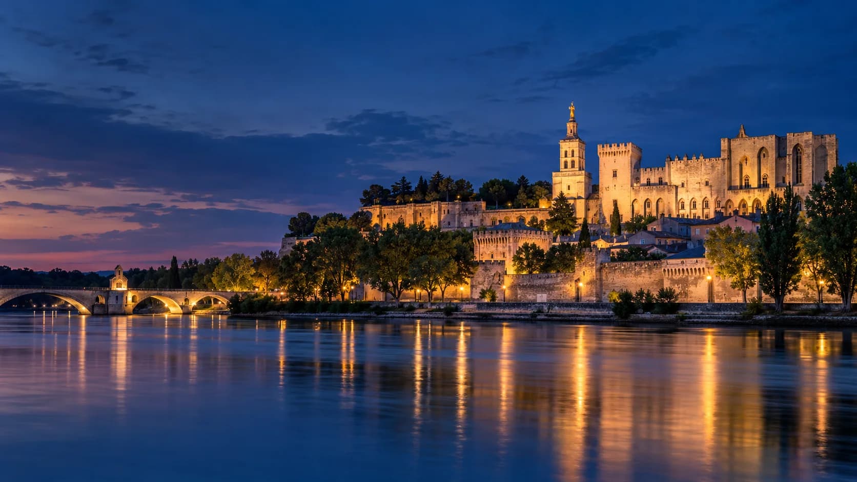Avignon and the Palais des Papes at blue hour