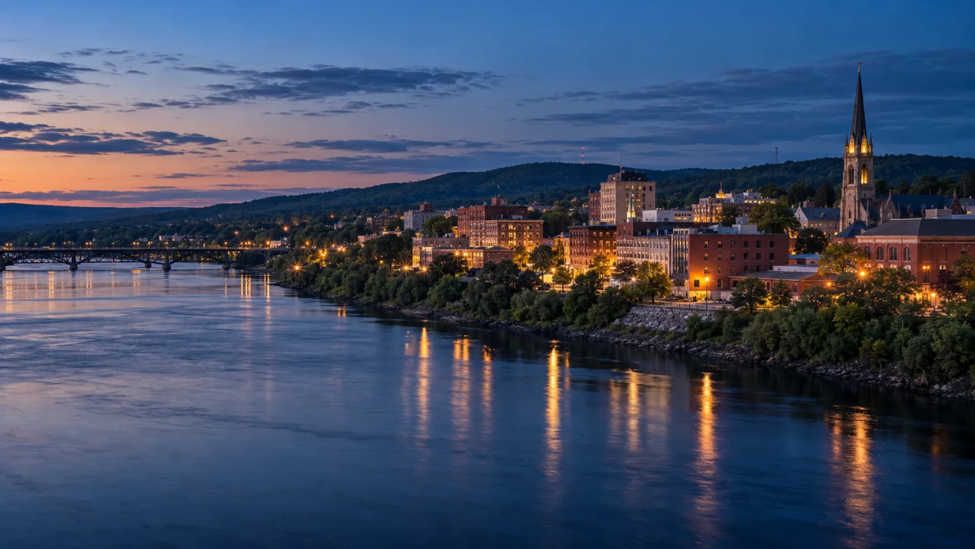 Bangor, Maine and the Penobscot River at blue hour