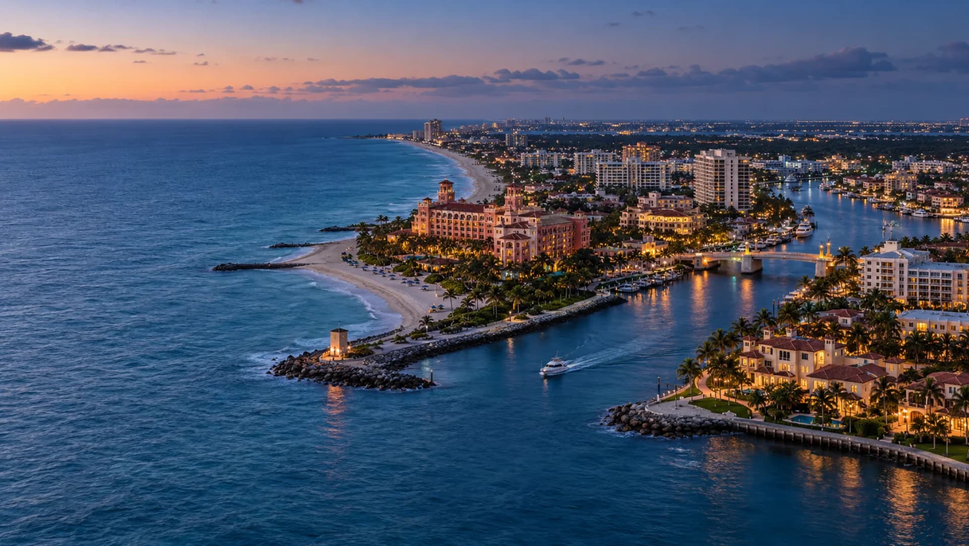 Boca Raton coastline, inlet and Intracoastal Waterway at blue hour