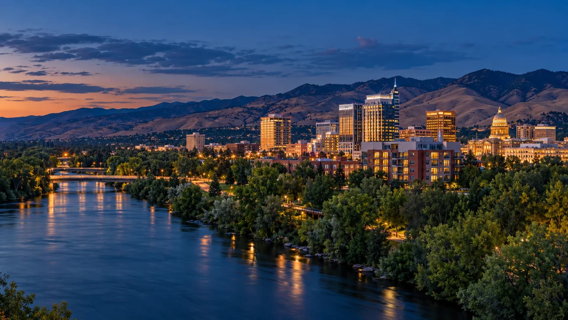 Boise skyline and foothills at blue hour