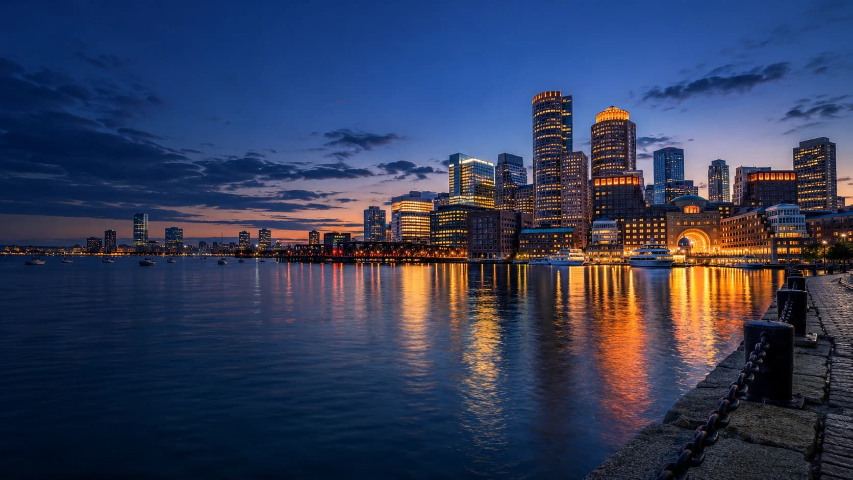 Boston waterfront and skyline at blue hour