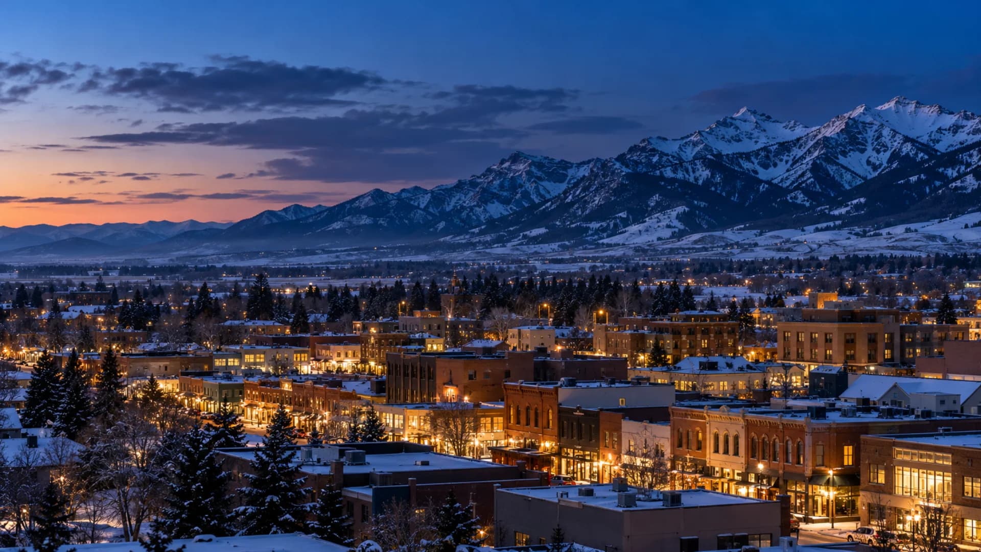 Bozeman and the Bridger Range at blue hour