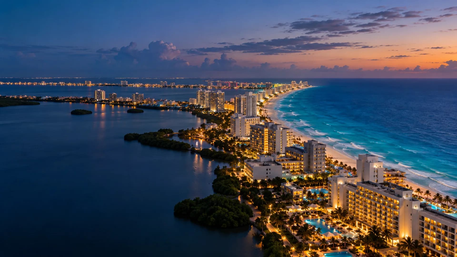 Cancún Caribbean coast and lagoon at blue hour