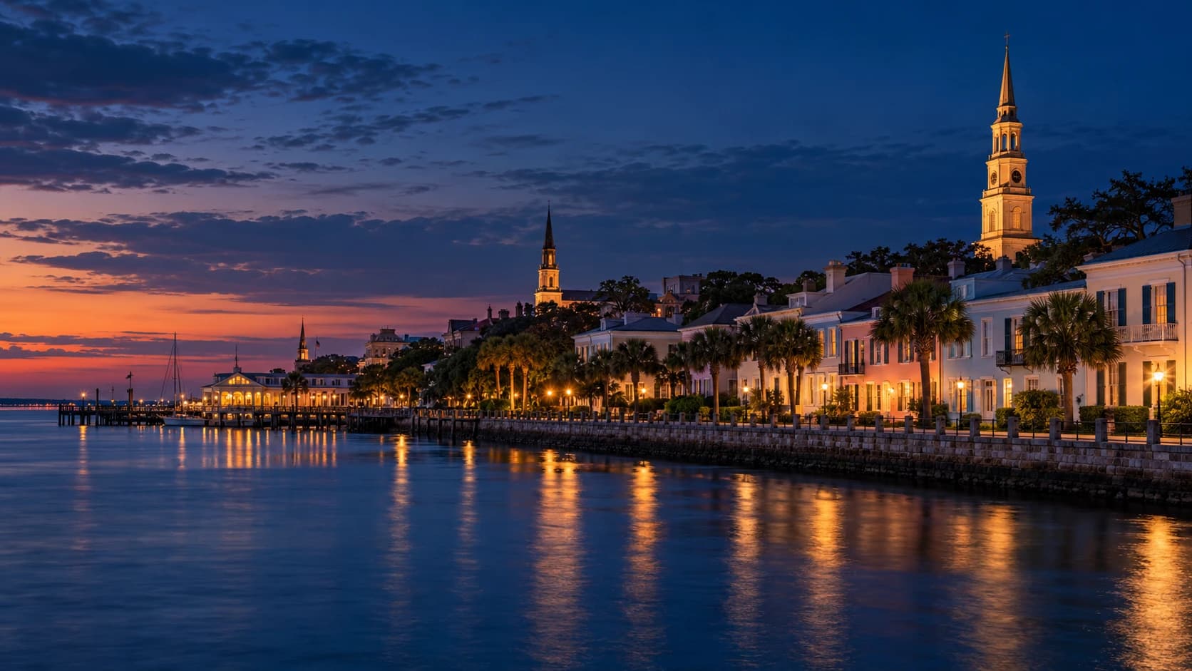 Charleston waterfront and historic city architecture at blue hour