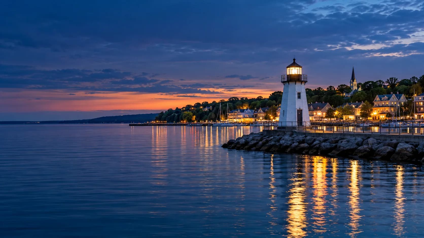 Charlevoix harbor and Lake Michigan at blue hour