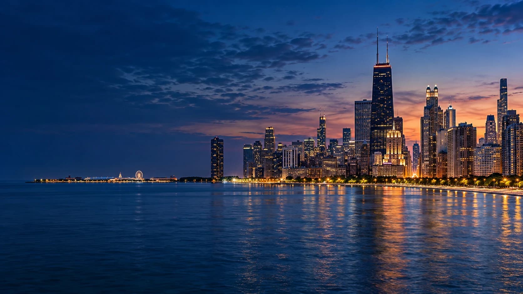 Chicago skyline and Lake Michigan at blue hour