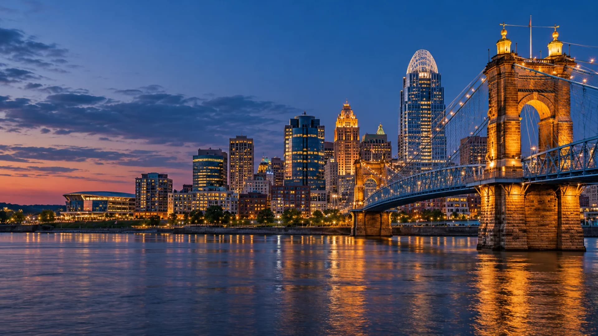 Cincinnati skyline and the Ohio River at blue hour