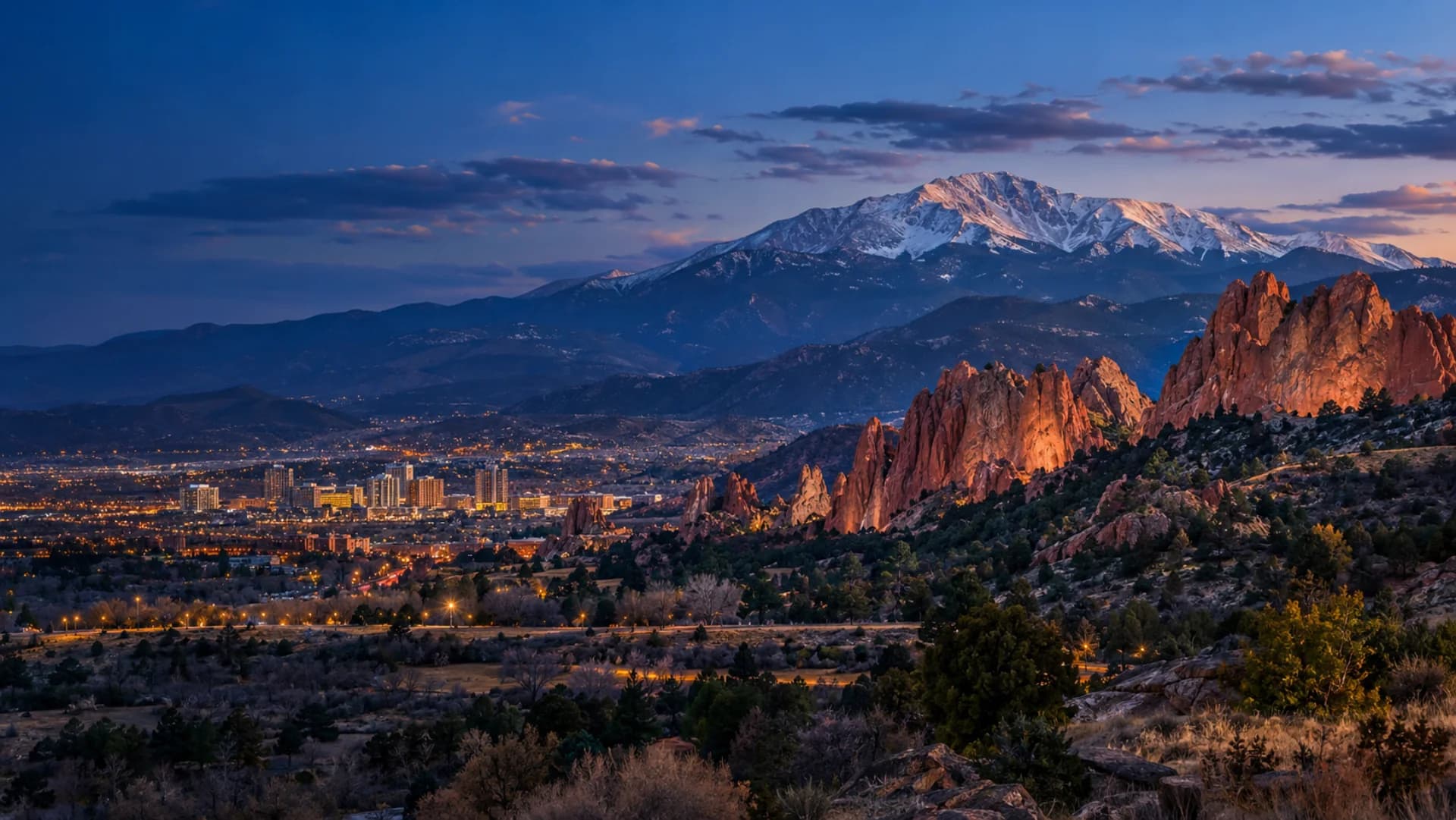 Colorado Springs, Pikes Peak and Garden of the Gods at blue hour