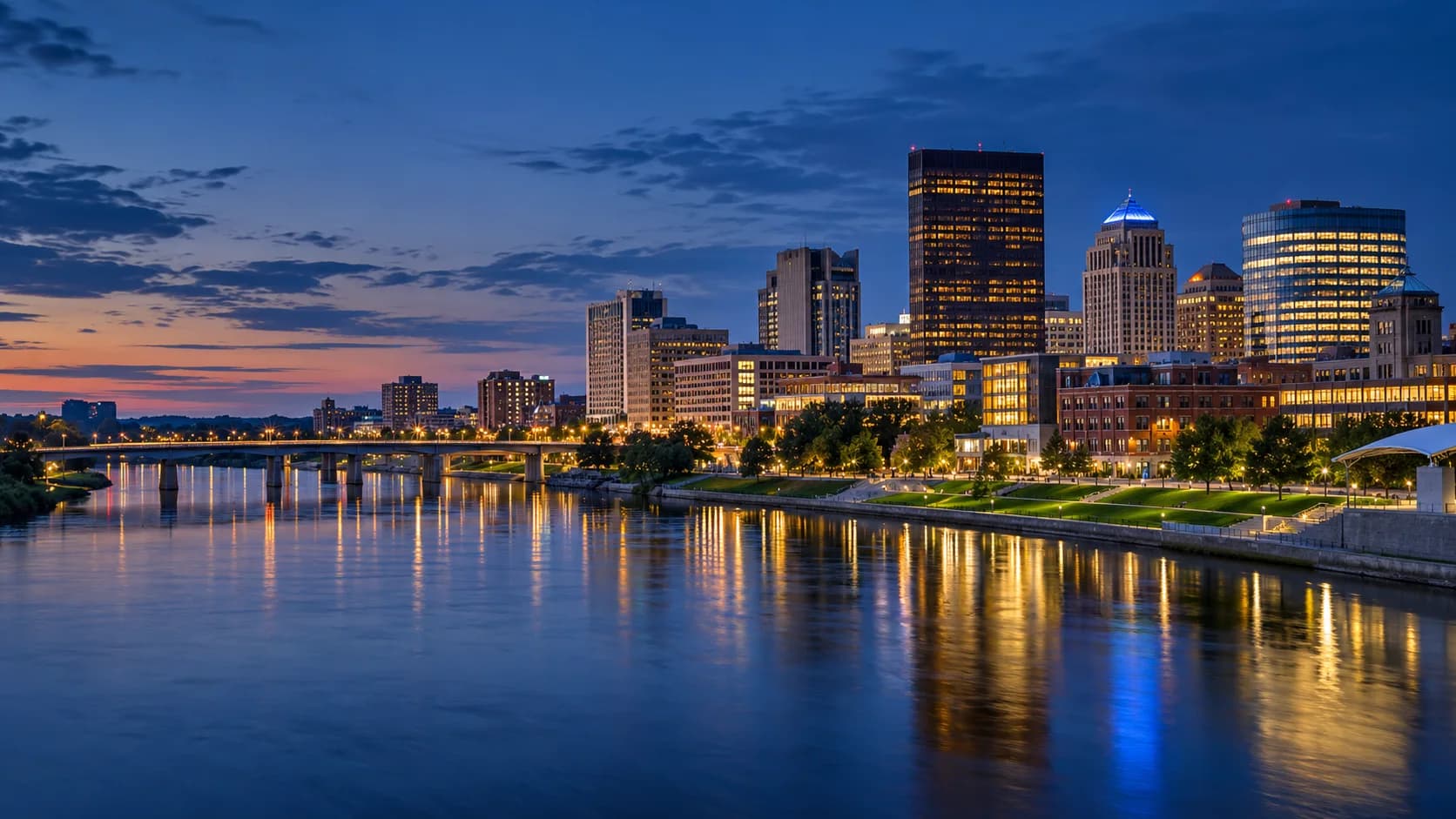 Dayton and the Great Miami River at blue hour