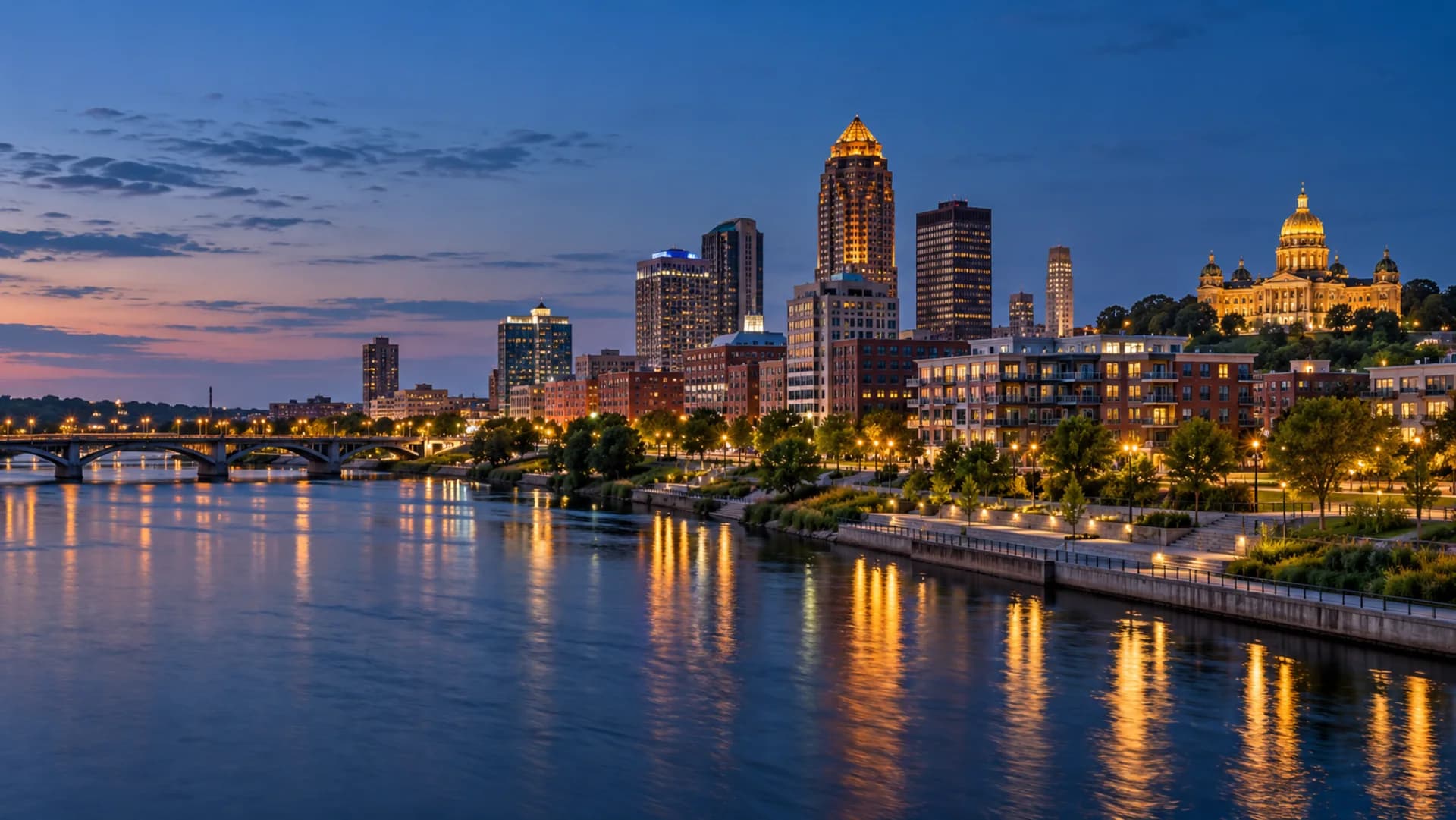 Des Moines skyline and riverfront at blue hour