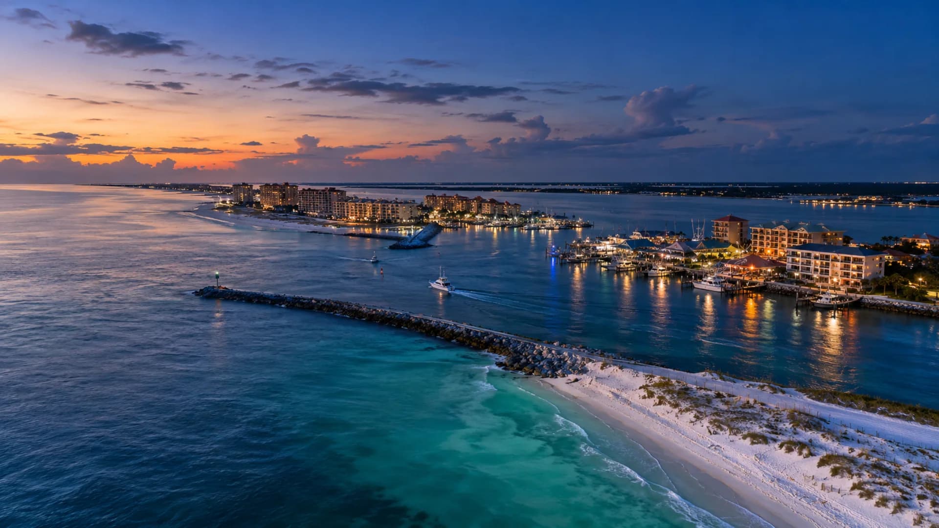 Destin Harbor and the Emerald Coast at blue hour