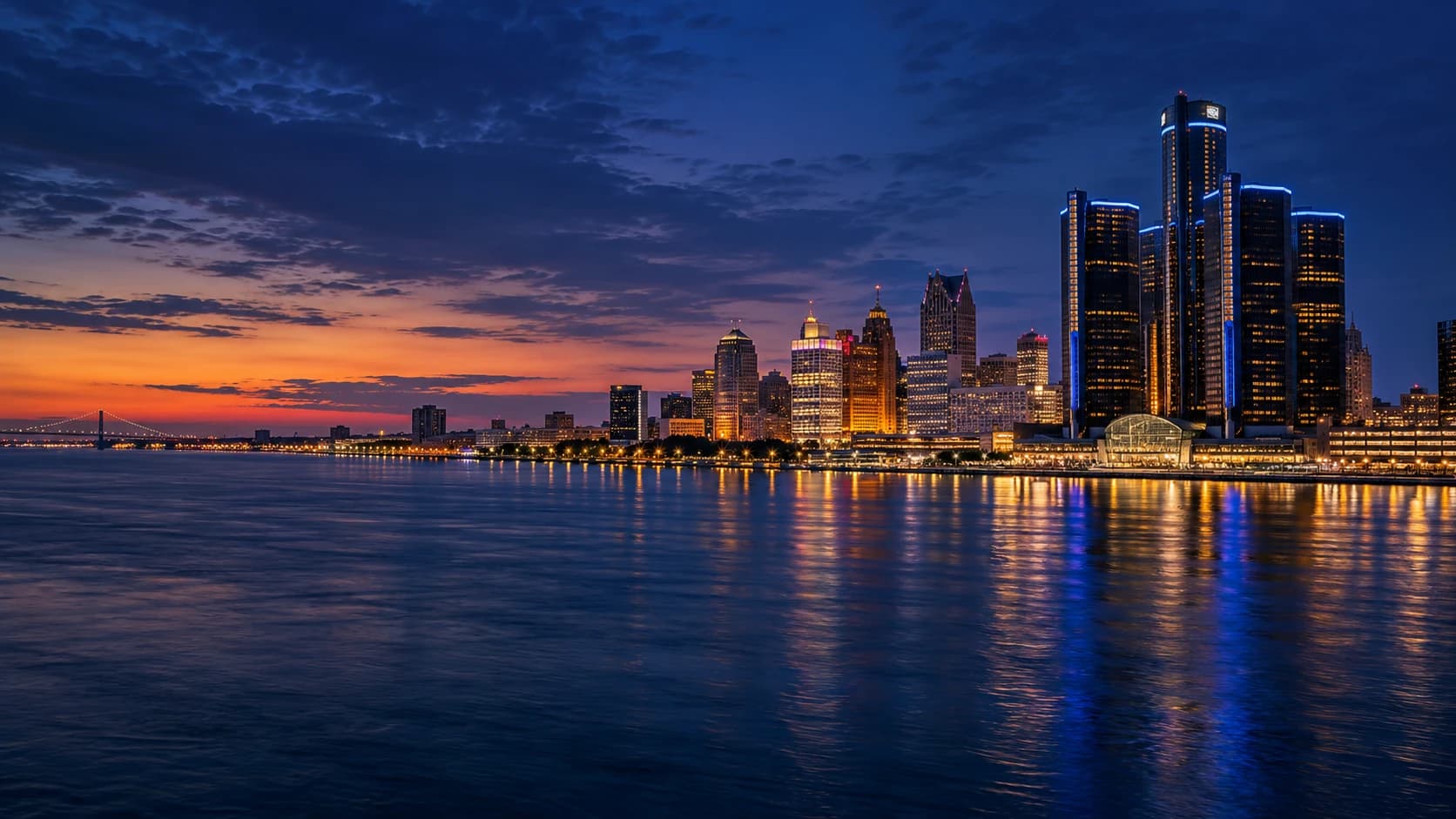 Detroit riverfront and skyline at blue hour
