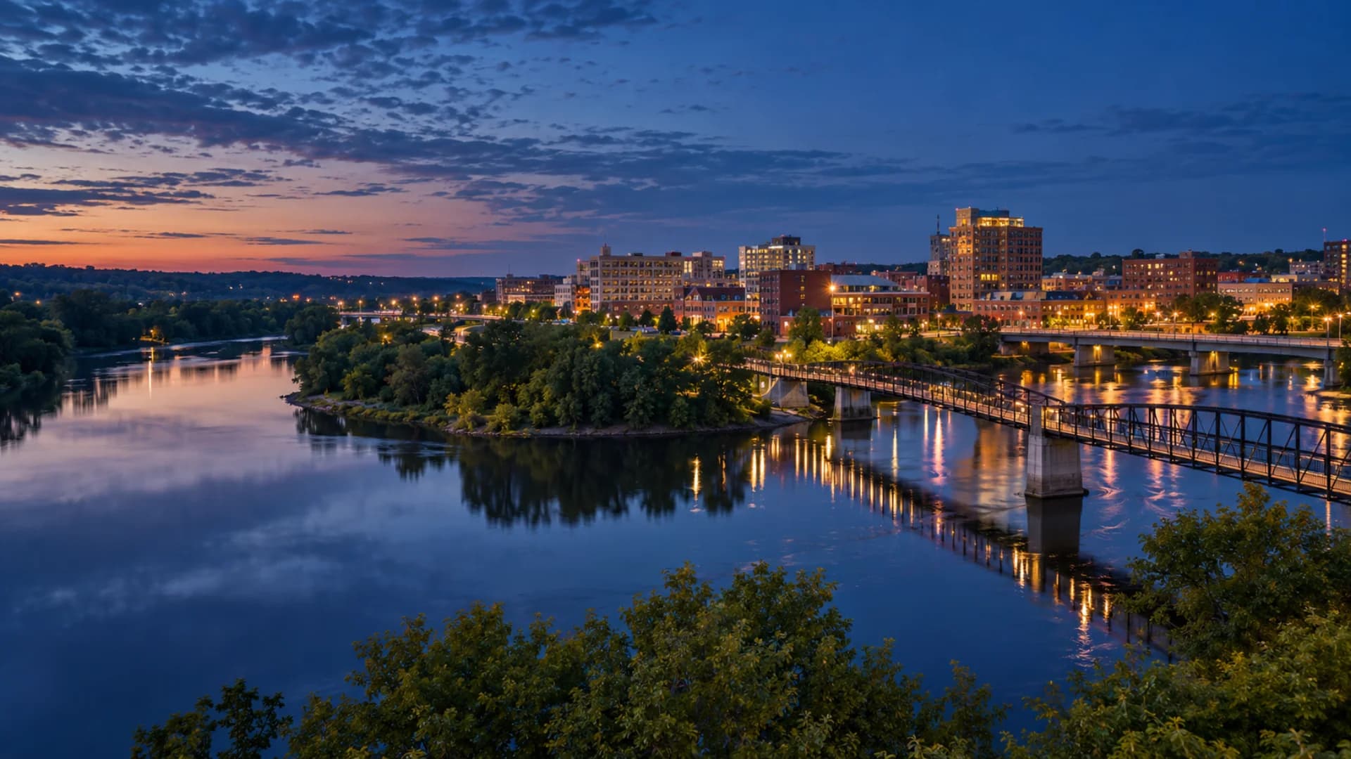 Eau Claire riverfront and downtown at blue hour