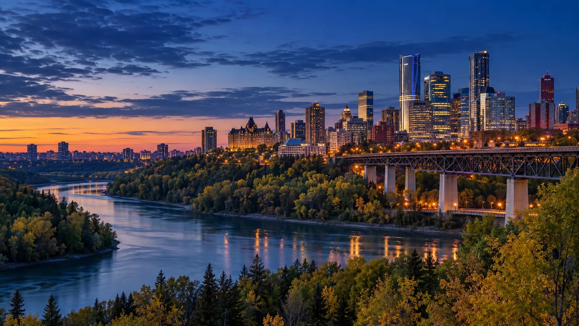 Edmonton skyline and the North Saskatchewan River valley at blue hour