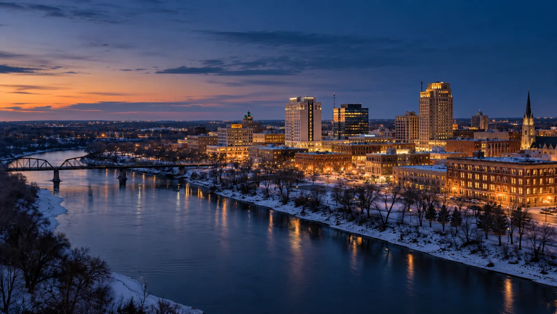 Fargo downtown and Red River plains at blue hour