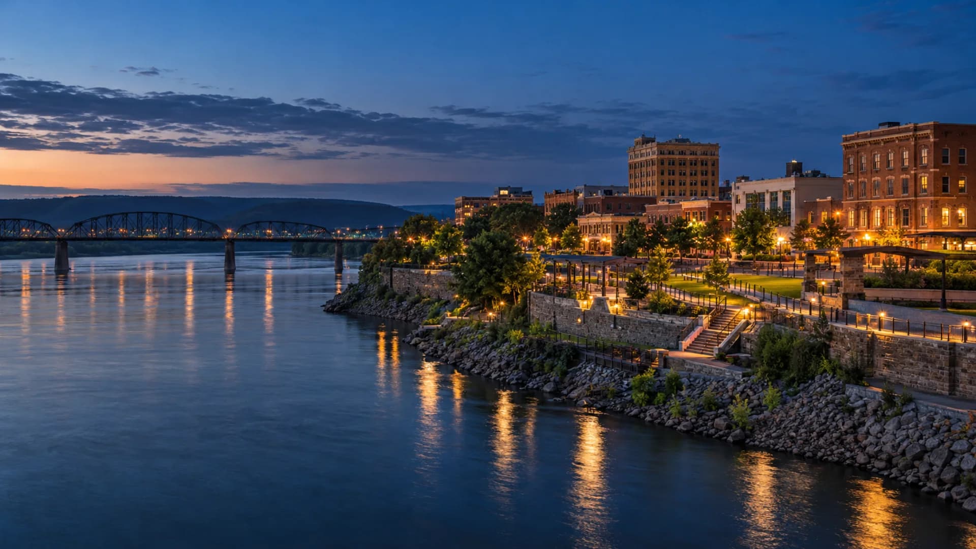Fort Smith and the Arkansas River at blue hour
