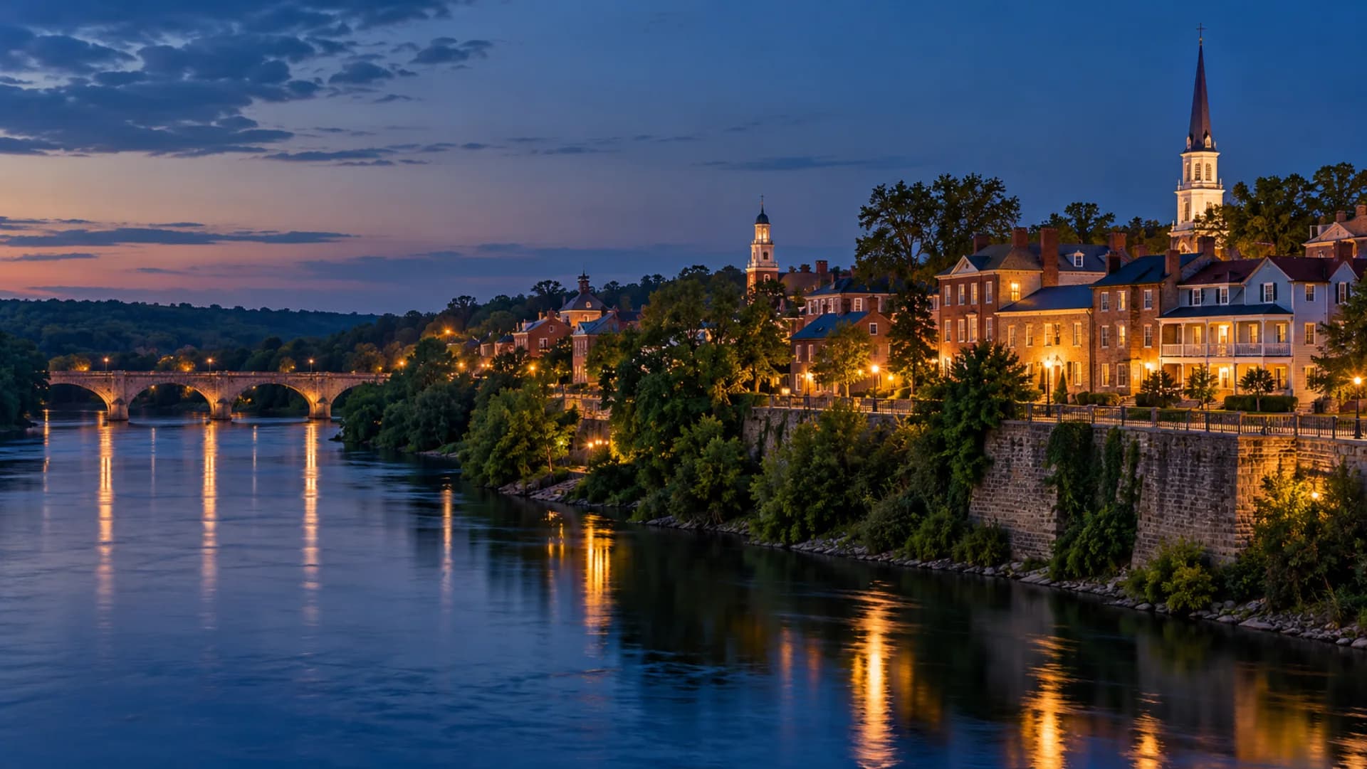 Historic Fredericksburg and the Rappahannock River at blue hour