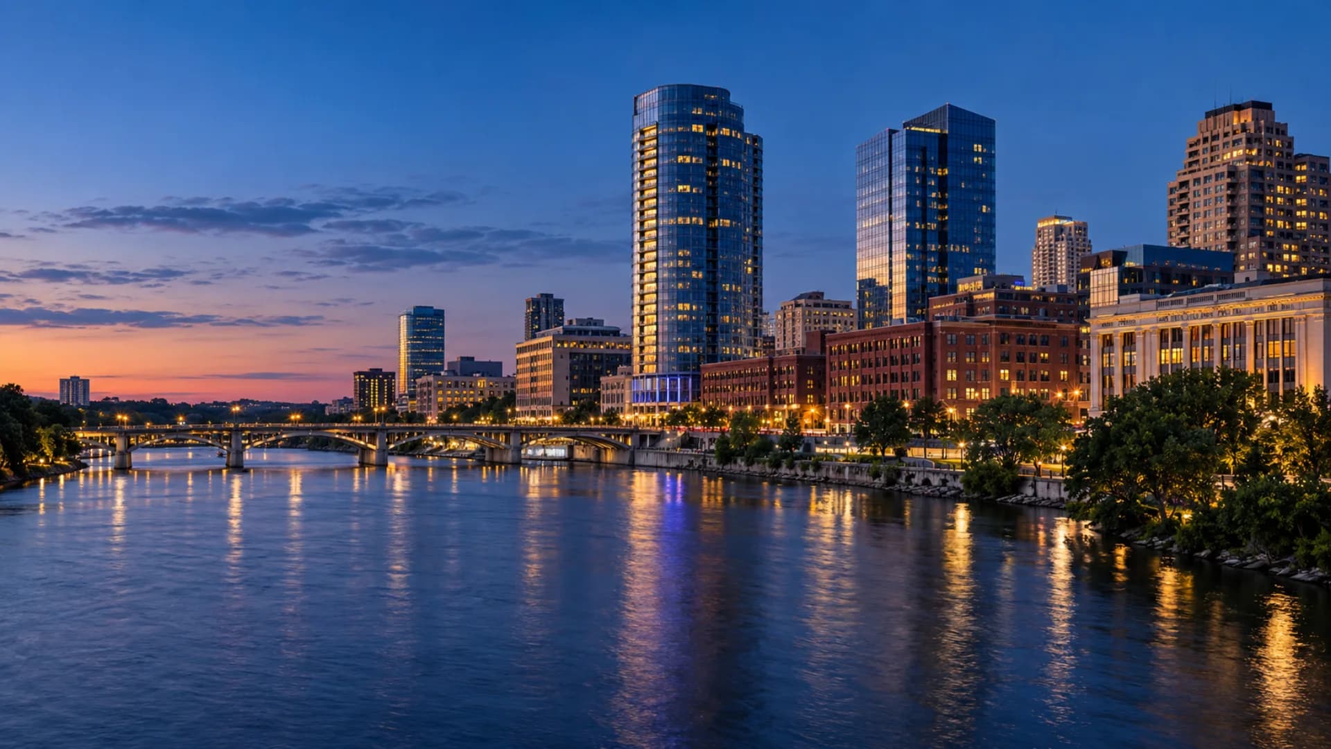 Grand Rapids skyline and Grand River at blue hour