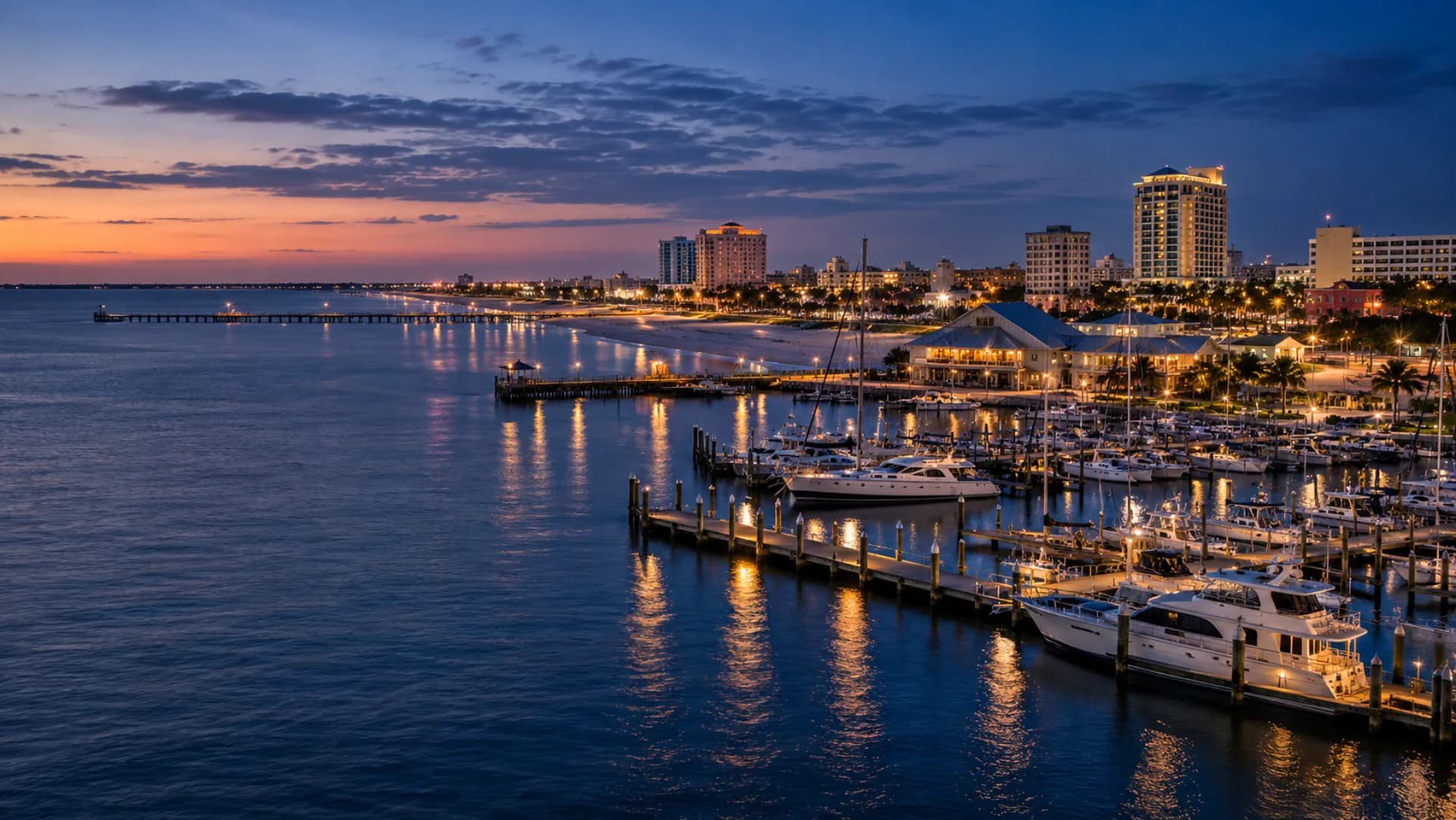 Gulfport harbor and Gulf Coast at blue hour