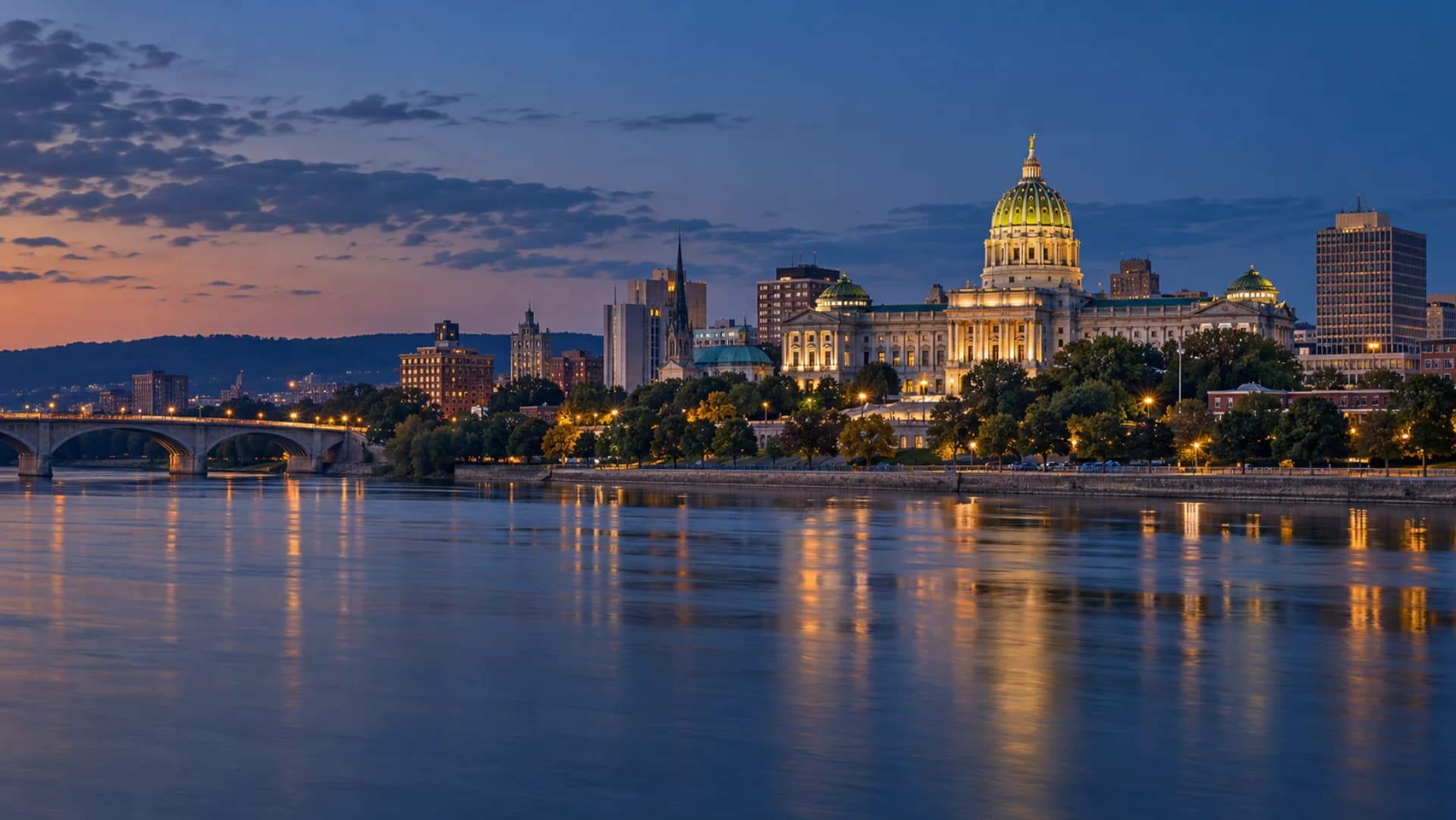 Harrisburg, the Pennsylvania State Capitol and Susquehanna River at blue hour
