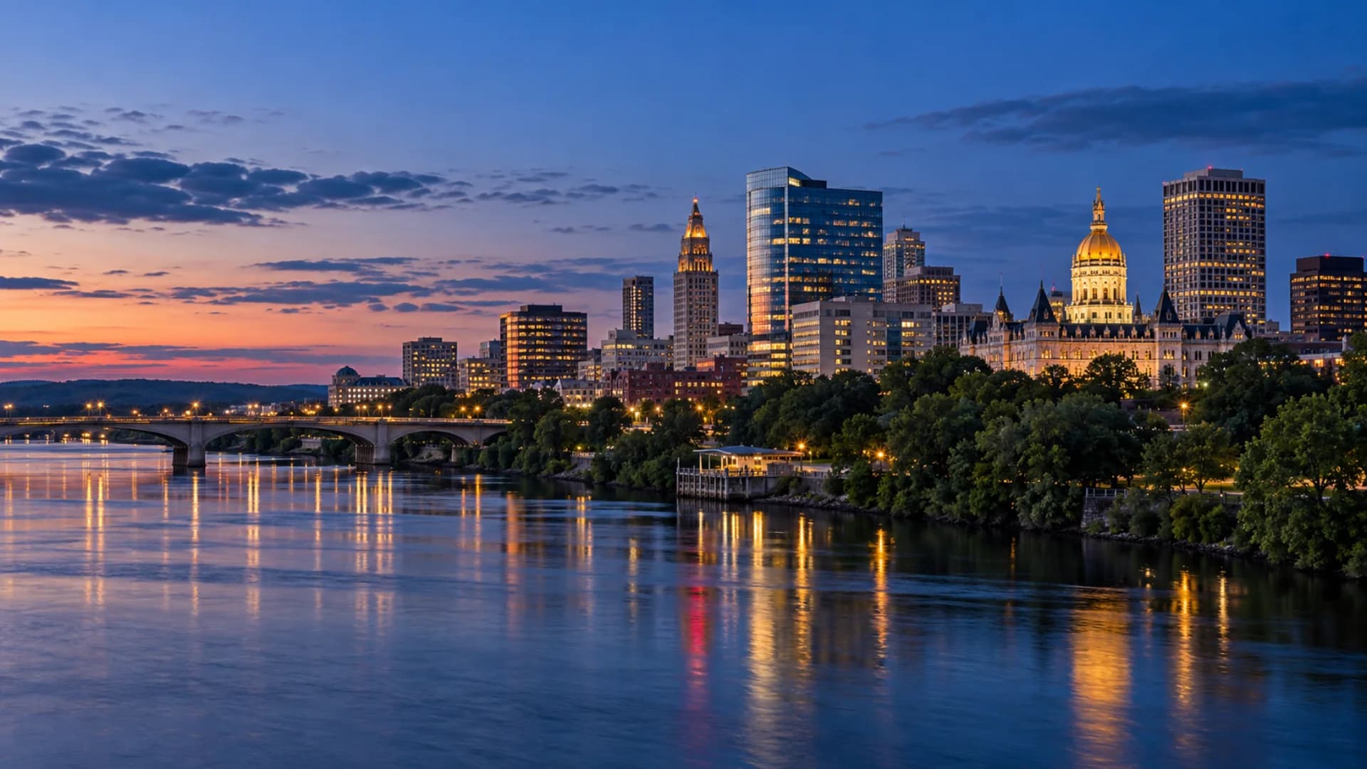 Hartford skyline and Connecticut River at blue hour