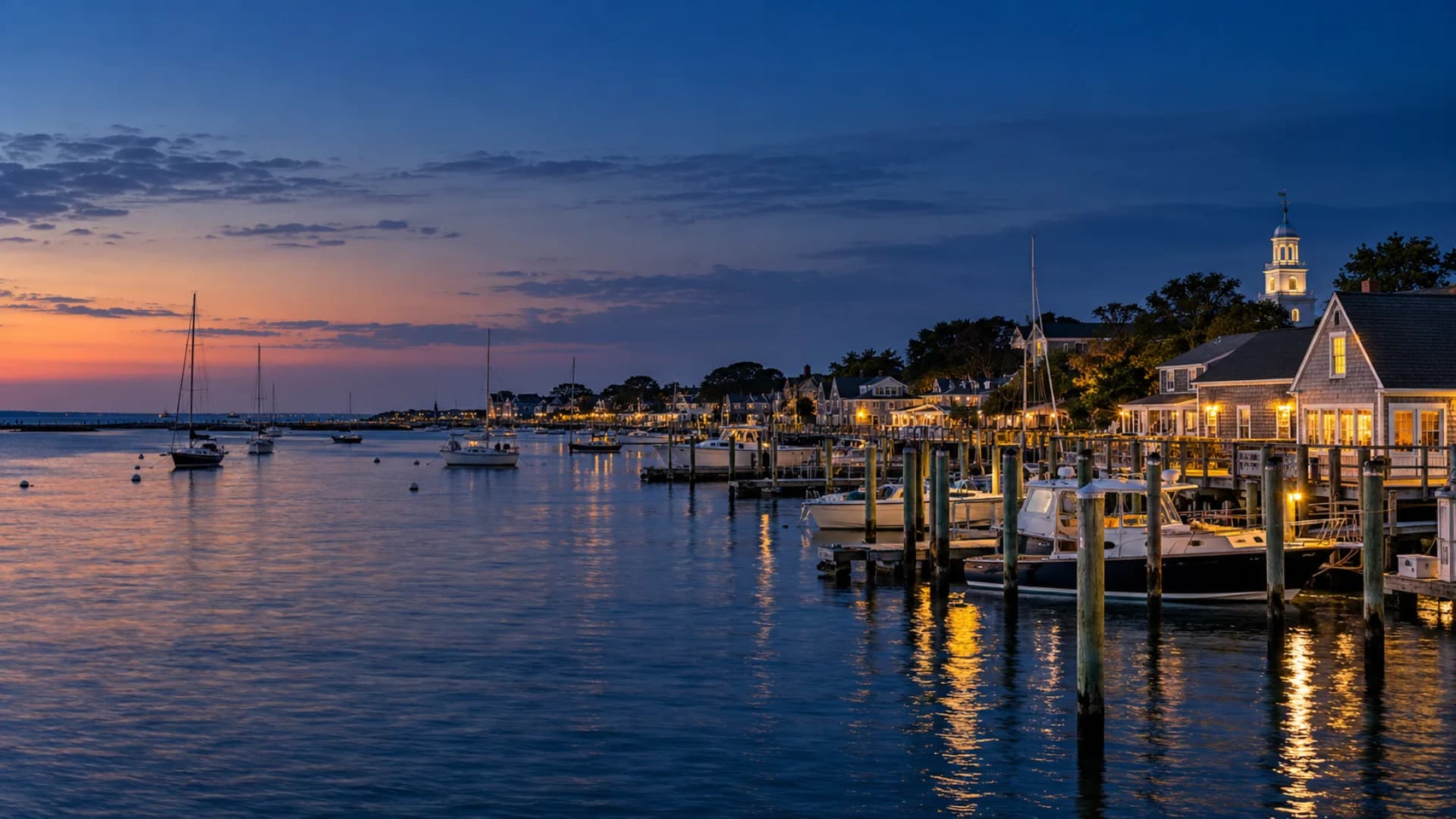 Hyannis harbor and Cape Cod coast at blue hour