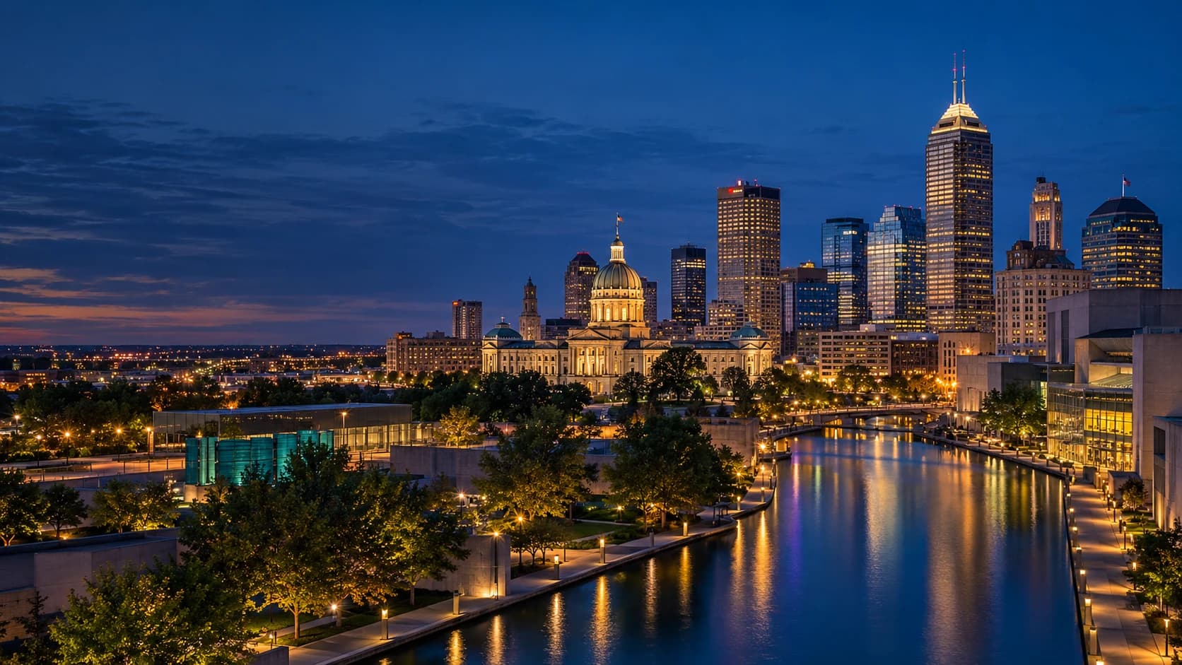 Indianapolis skyline and canal at blue hour