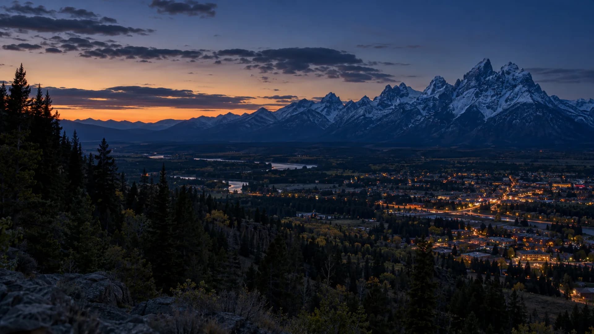 Jackson Hole valley and the Teton Range at blue hour