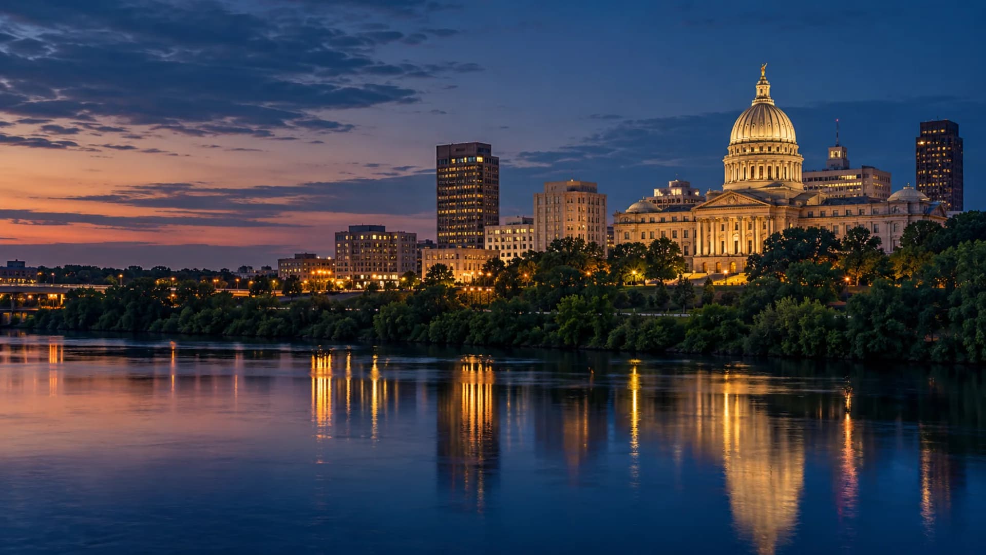 Jackson skyline and Mississippi State Capitol at blue hour