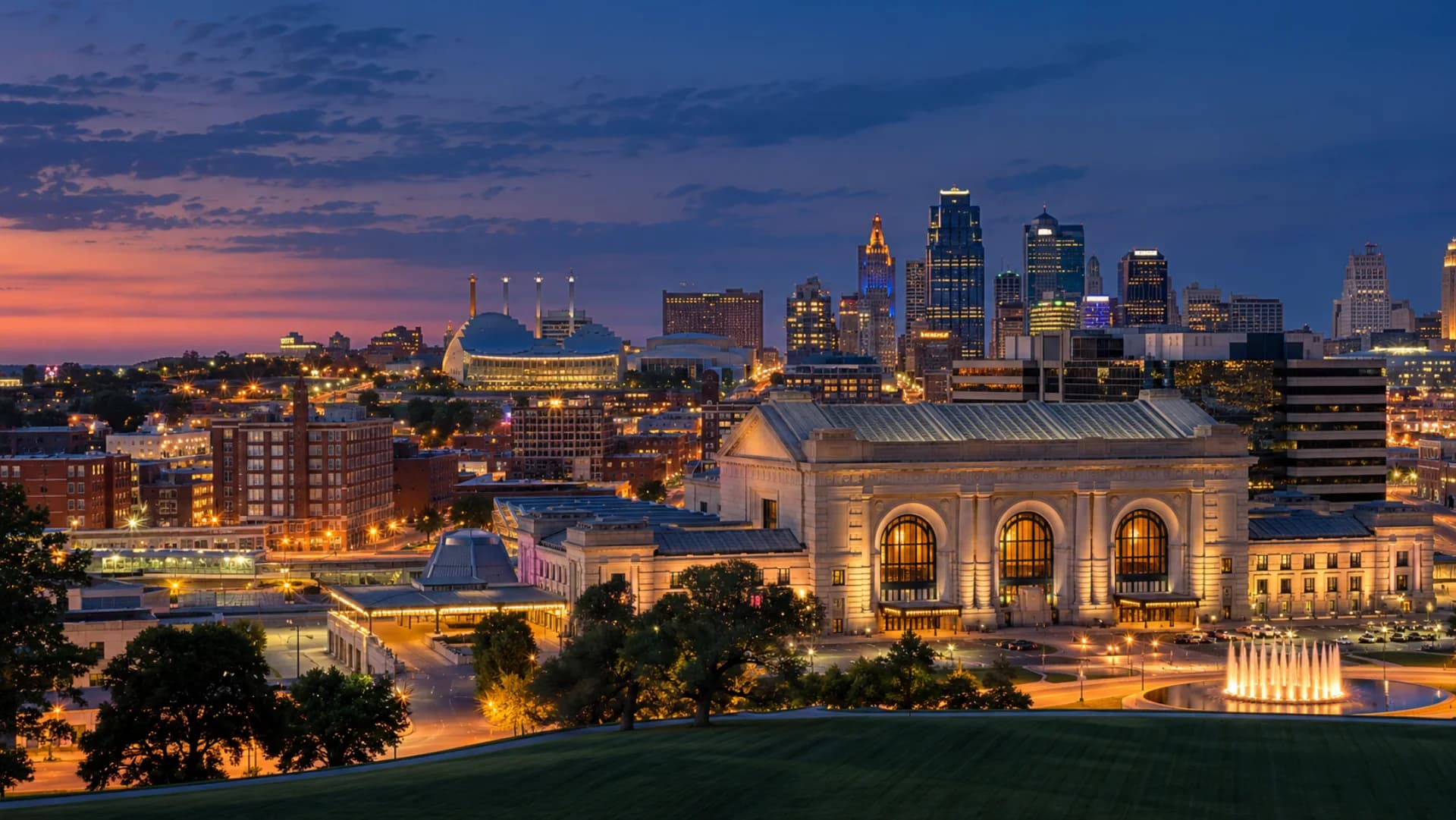 Kansas City skyline and Union Station at blue hour