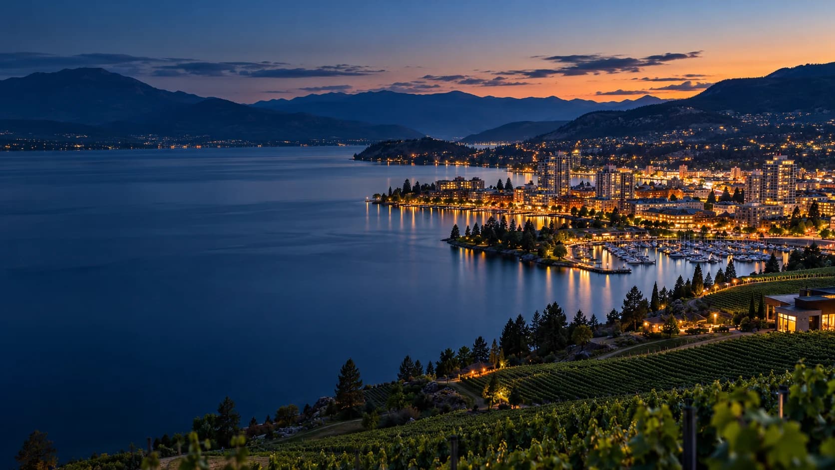 Kelowna and Okanagan Lake at blue hour
