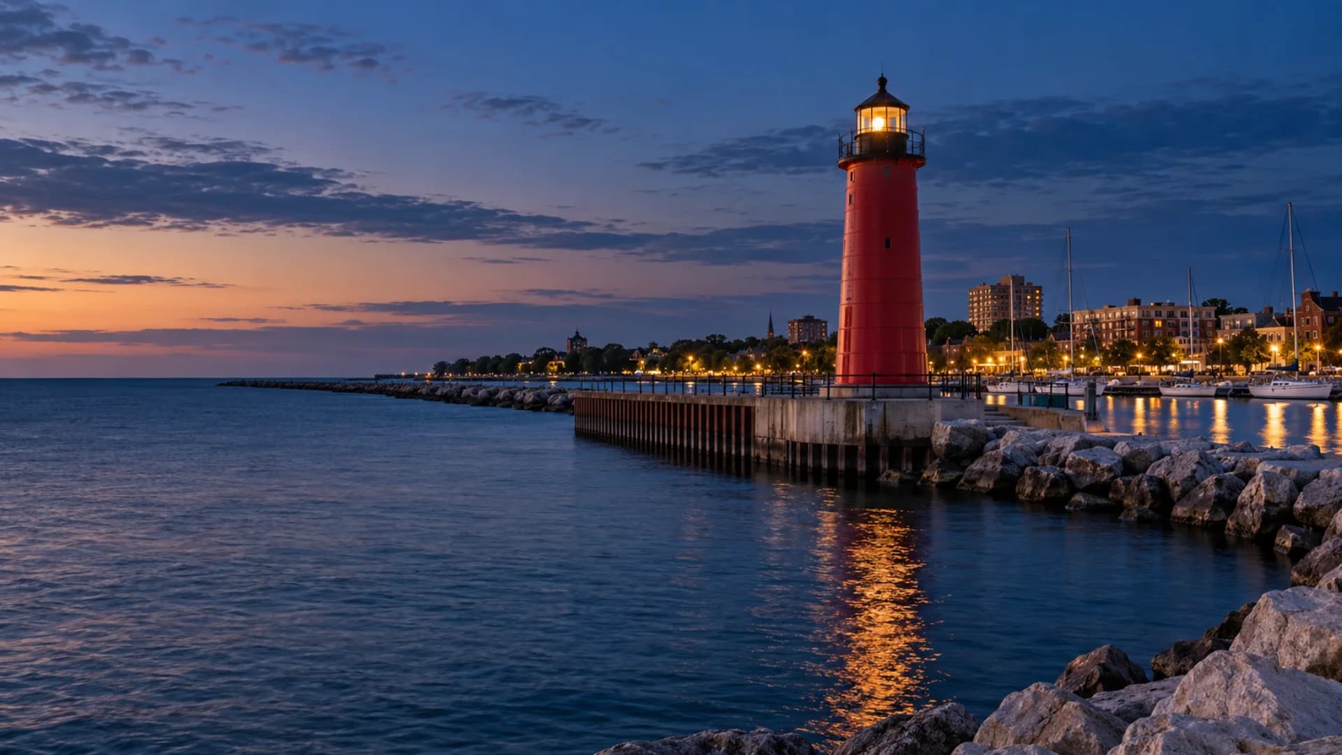 Kenosha harbor and Lake Michigan waterfront at blue hour