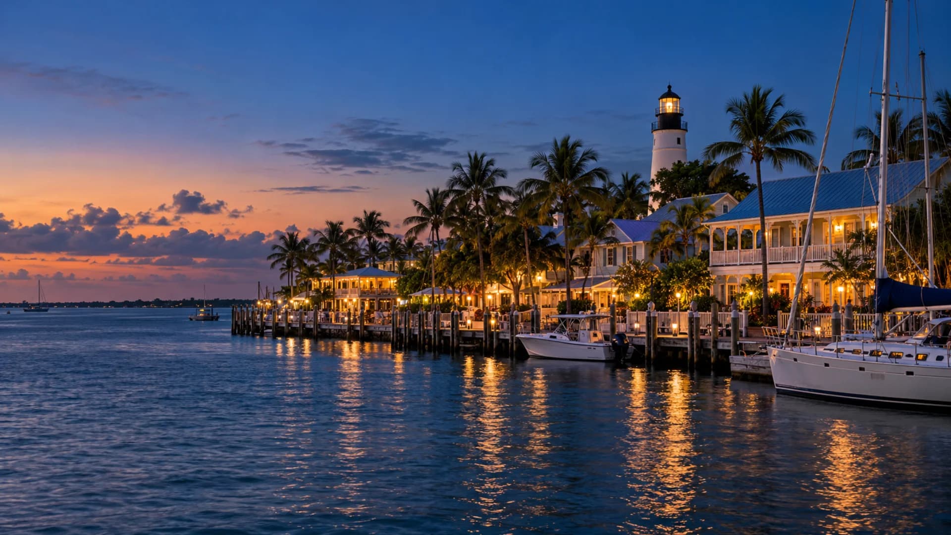 Key West harbor and Florida Keys waterfront at blue hour