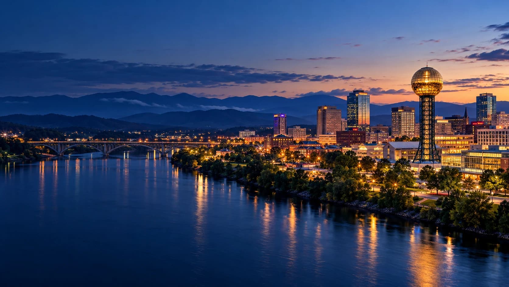 Knoxville skyline and the Tennessee River at blue hour