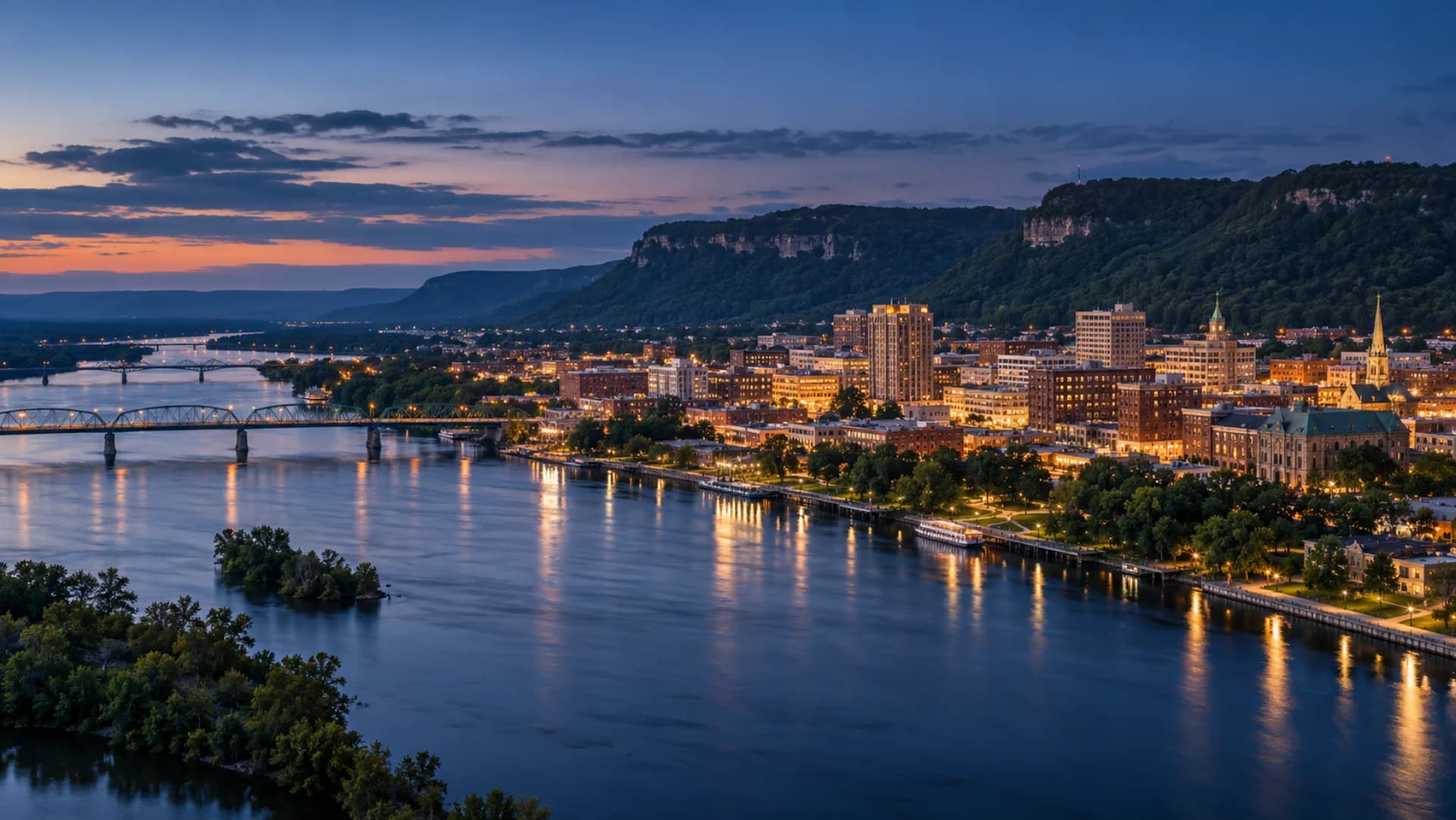 La Crosse, Mississippi River and bluffs at blue hour