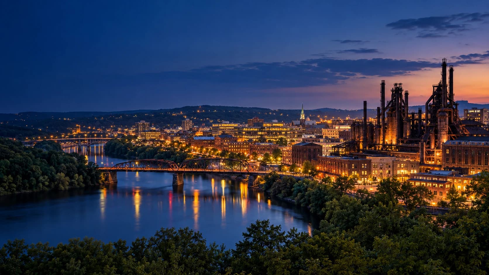 Bethlehem and the Lehigh River at blue hour