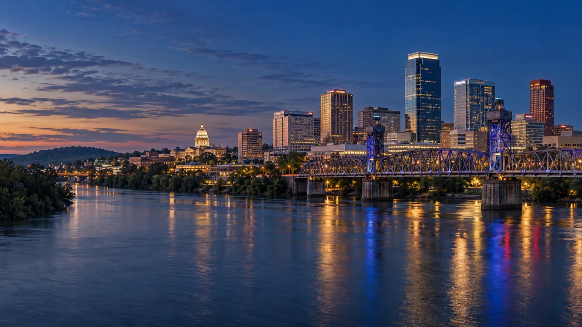 Little Rock skyline and Arkansas River at blue hour