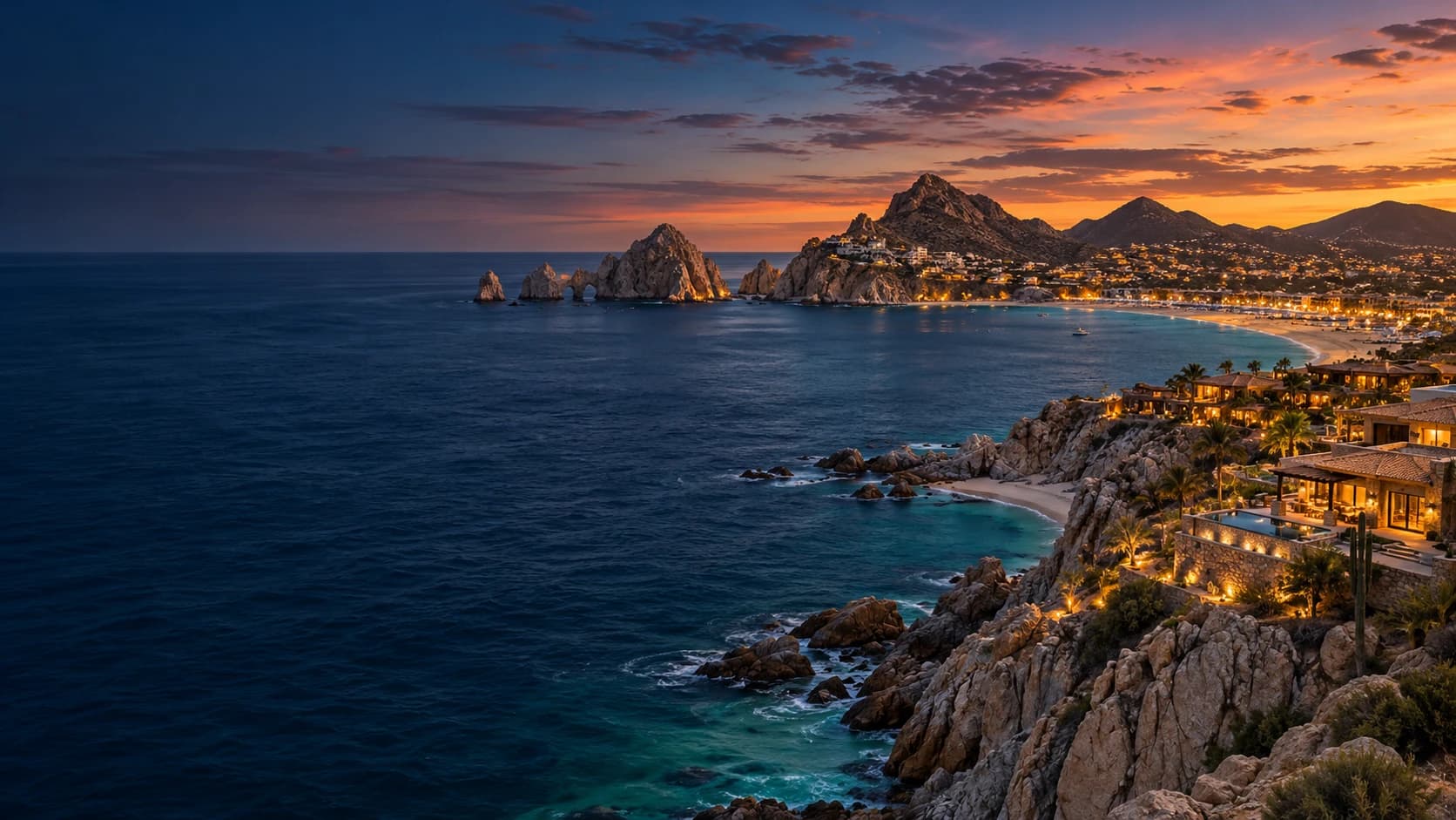 Los Cabos coastline and the Sea of Cortez at blue hour
