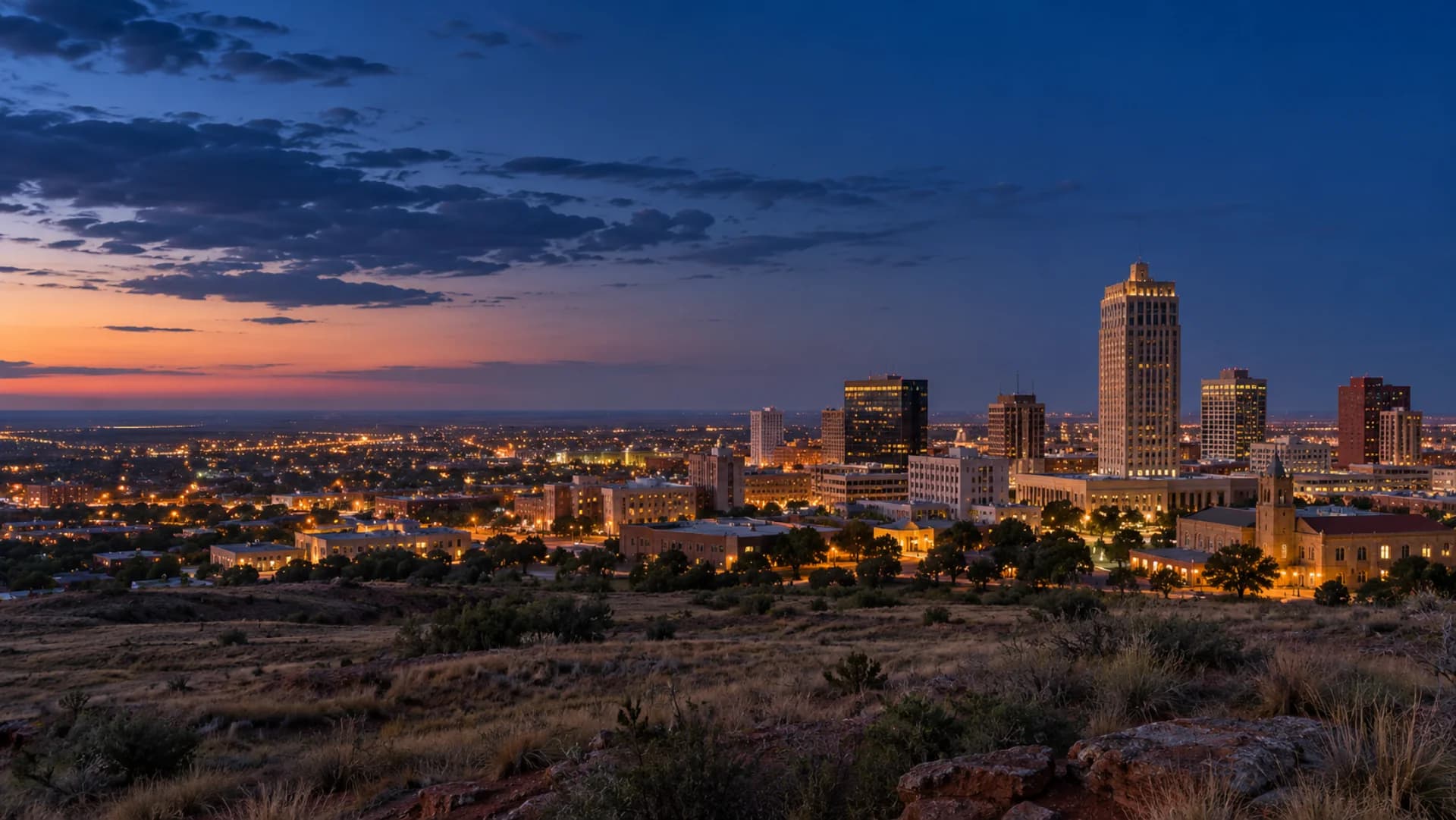 Lubbock skyline and West Texas plains at blue hour